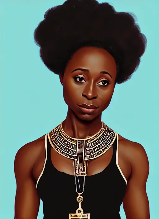 Prompt: portrait of Kirby Howell-Baptiste wearing a modern black tank top with an egyptian symbol ankh necklace, art nouveau, D&D, fantasy, intricate arcane wiccan designs, elegant, highly detailed, digital painting, artstation, concept art, matte, sharp focus, illustration, art by Artgerm and Greg Rutkowski and WLOP