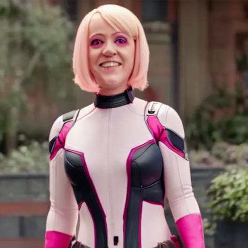 Prompt: A still of Gwenpool in Deadpool 3 (2023), blonde hair with pink highlights, no mask, white and light-pink outfit, smiling and winking at the camera, comics accurate design