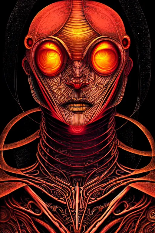 Prompt: digital painting of a alien warrior magus by yoshitaka amano, victo ngai, h. r. giger, in the style of dark - fantasy, symmetrical face portrait, intricate detail, red, bronze, artgerm