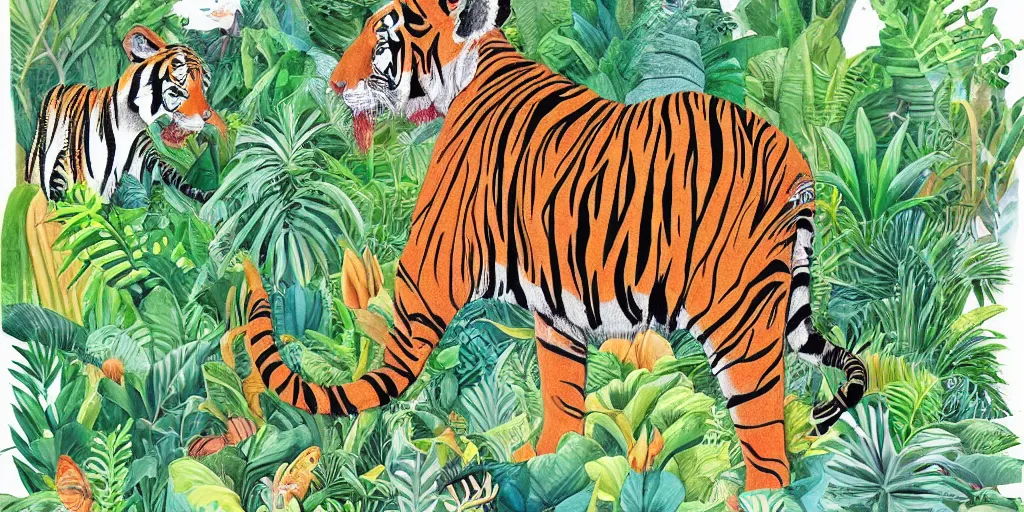 Image similar to detailed illustration, a lush tropical jungle in the style of may gibbs, tiger, elephant, 🐅, 🐘, layered composition, layers, texture, textured, layered, sculpted, dynamic, jungle, tropical, 🌱, 🦋,