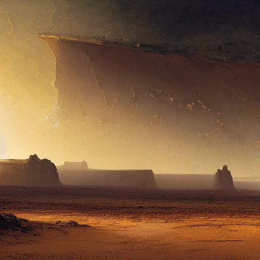 Image similar to an oil painting of a dry and cracked desert on an alien planet with a thick atmosphere and electrical storm above by carl spitzweg and greg rutkowski