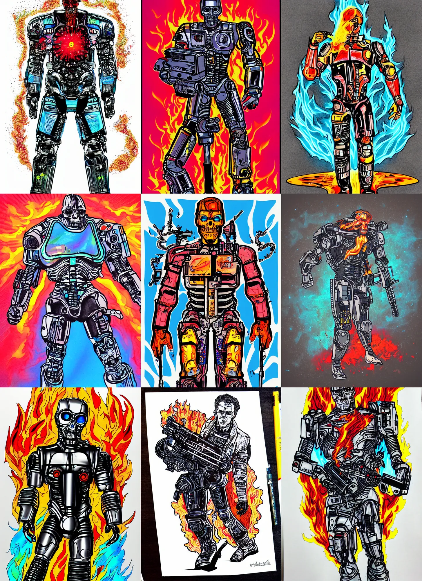 Prompt: full body concept illustration colored marker art retro sci - fi terminator with flames around it