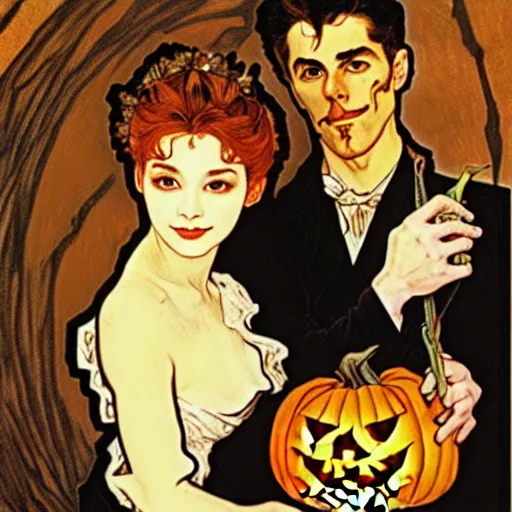 Image similar to painting of handsome young beautiful jeff and gorgeous rina together at the jack o'lantern halloween party, elegant, clear, painting, stylized, art, art by alphonse mucha, vincent van gogh, egon schiele,