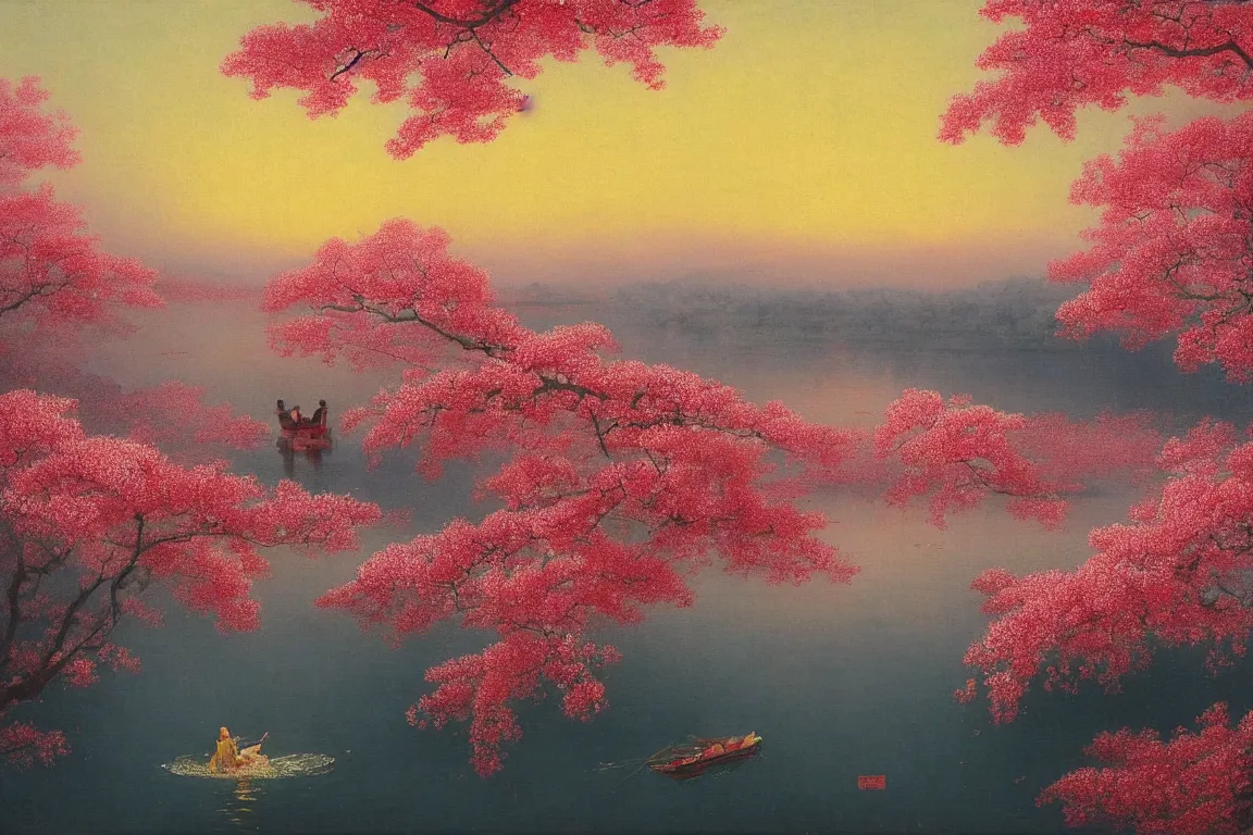 Prompt: A beautiful painting of 湖を見下ろす桜, a robot drinking wine and cherry blossoms by a blood red lake in a japanese garden beneath a yellow sky by Ivan Aivazovsky and Caspar David Friedrich, Trending on artstation