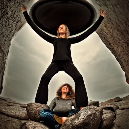 Prompt: Woman sitting under a ginormous rock overhead, partially cupping her hands, gesturing it outward!!!!! to the camera!!!!!, in a rainy environment, fisheye!!!!! lens!!!!!, rainy and wet atmosphere, closeup!!!!!, dark and grim lighting, trending on artstation, 4k, 8k