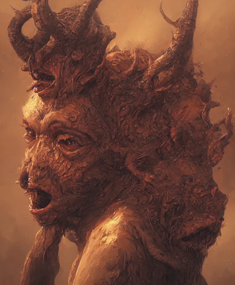Image similar to bust portrait close up devil, illustrated by Simon Stålenhag and Gaston Bussiere, intricate, ultra detailed, photorealistic, trending on artstation