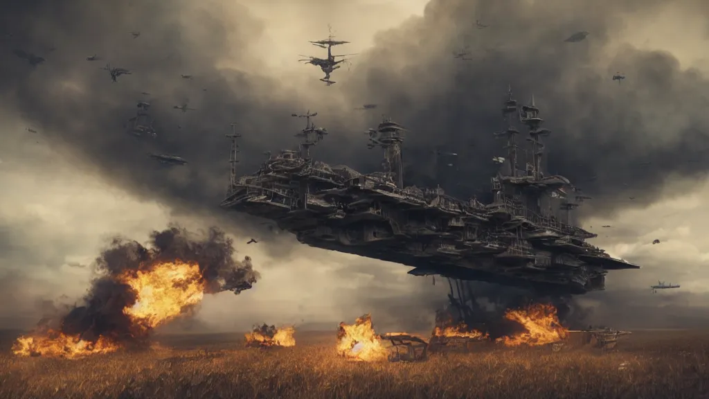 Image similar to an immense steampunk aircraft carrier crashed and burning in a field, thick black smoke billowing, turbulent storm clouds, dystopian, sharp focus, octane render, imax