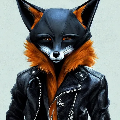 Image similar to A fox with a small head wearing a leather jacket and leather jeans and leather gloves, trending on FurAffinity, energetic, dynamic, digital art, highly detailed, FurAffinity, digital fantasy art, FurAffinity, favorite, character art