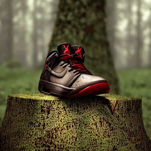 Prompt: a dirty nike air jordan sitting on a tree stump covered in mushrooms and forest foliage, 3 d model, octane render, hyper detailed, 4 k,