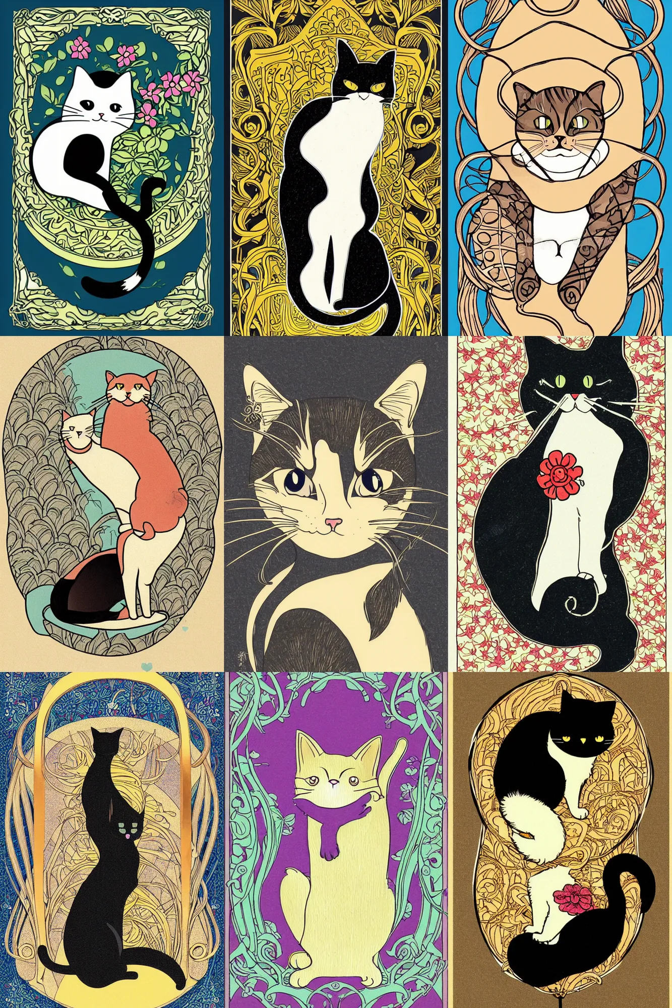 Prompt: Kawaii illustration of a cat, Art Nouveau