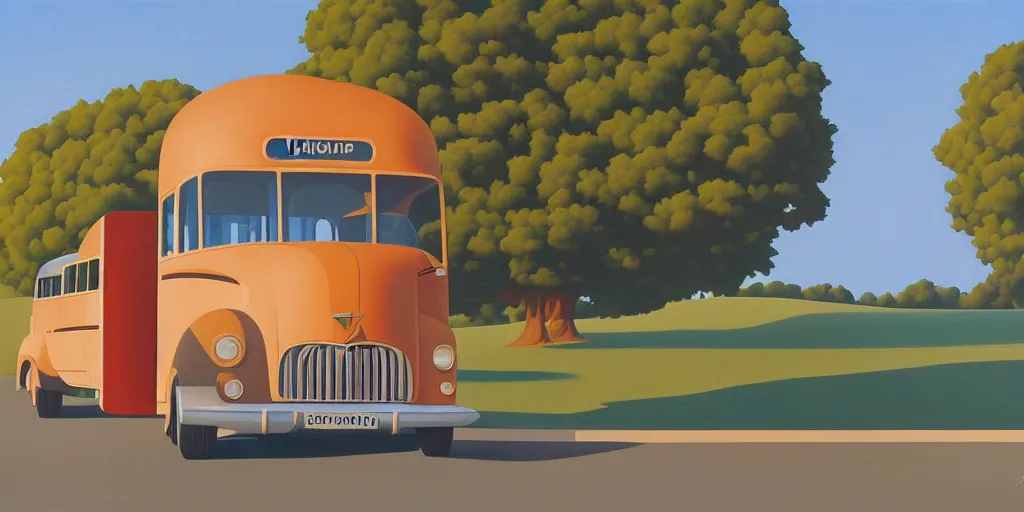 Prompt: autobus, blue sky, summer evening, kenton nelson