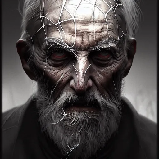 Image similar to an old man with thick cobwebs covering his face, cobwebs, spooky, atmosphere, detailed, realistic, unreal engine, cgsociety, by wlop and artgerm