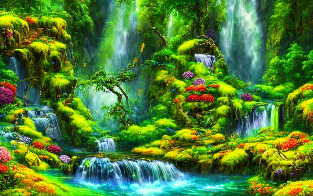 Prompt: vibrant colorful highly detailed matte painitng yellow-green, glowing channels of color, flowers, garden of eden, with highly photoreal mountains, amazing flowers and foliage, beautiful waterfalls and streams concept art by Jose Daniel Cabrera Pena and Leonid Kozienko