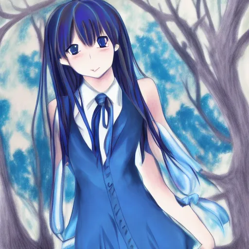 Image similar to a woman in a blue dress with a tie around her neck, an anime drawing by Jin Homura, featured on pixiv, lyco art, pixiv, anime, deviantart hd