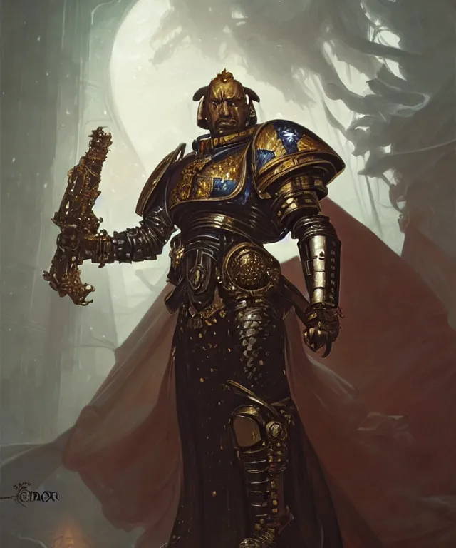 Image similar to Sir Keir Starner as Warhammer 40k Emperor, portrait, fantasy, intricate, elegant, highly detailed, digital painting, artstation, concept art, smooth, sharp focus, illustration, art by artgerm and greg rutkowski and alphonse mucha