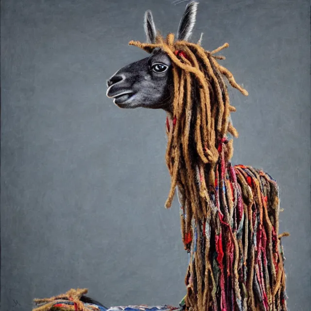 Image similar to llama with dreadlocks, by mandy jurgens, el anatsui, james jean