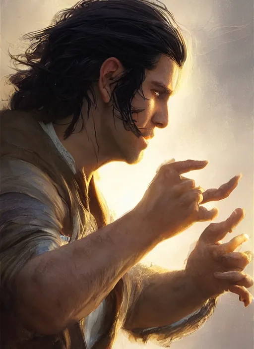 Image similar to side profile of a man with long black hair in brown rags holding a magical orb, fantasy, intricate, sharp focus, lens flare, bloom, illustration, highly detailed, digital painting, concept art, matte, art by ruan jia and wlop and greg rutkowski, masterpiece