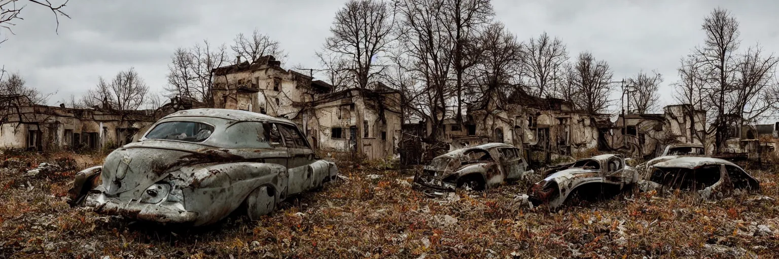 Image similar to low wide angle shot of dilapidated fallout 5 europa, retro futuristic overgrown euro rural town, decrepit road, dilapidated european houses, few rusted retro futuristic vintage parked vehicles like cars, volumetric lighting, photorealistic, daytime, autumn, cold sunny weather, sharp focus, ultra detailed, 4 2 0 0 k