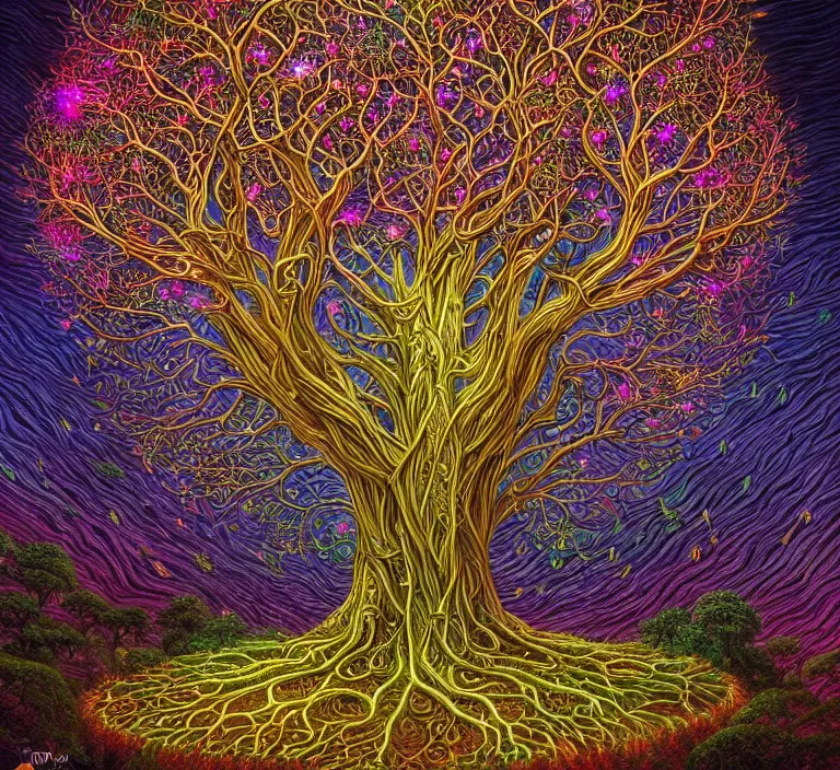 Image similar to magical intricate glowing tree of life in a hill, centralized, ethereal, rich, fantasy, smooth, sharp focus, high detailed colorful orbs, ultra wide shot, lush colors, by artgerm and alex grey and wes anderson and spike jonze, highly realistic, exquisite ornate, delicate