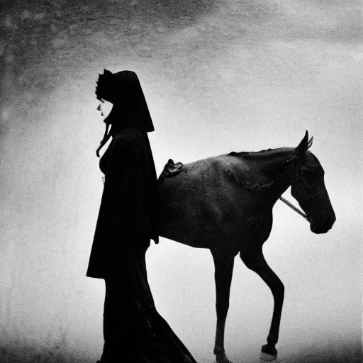 Prompt: An aristocrat young lady with a black cloak is riding a dark horse from distance, Kodak TRI-X 400, dark mood, melancholic,