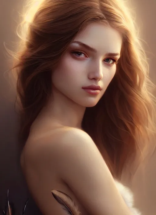 Image similar to a gorgeous female photo, professionally retouched, soft lighting, wearing a feather dress, realistic, smooth face, perfect eyes, wide angle, sharp focus on eyes, 8 k high definition, insanely detailed, intricate, elegant, art by artgerm and greg rutkowski and mark hill