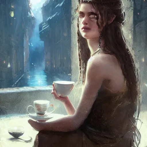 Prompt: pretty roman girl drinking coffee, extremely long hair, epic fantasy art by Greg Rutkowski