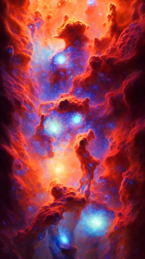 Image similar to psychedelic transcendent puffs! of smoke, space, supernova, nebulae, pillars of creation, enlightenment, high contrast lighting, highly detailed, concept art, art by collier, albert aublet, krenz cushart, artem demura, alphonse mucha