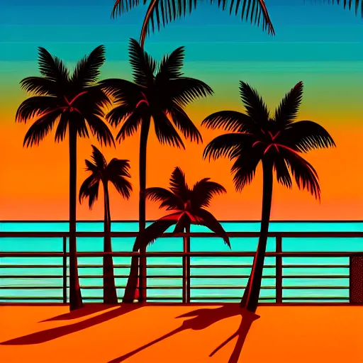 Image similar to gorgeous romantic sunset, cliffside onlooking the beautiful city of miami, warm colors, tropical, in the style of hiroshi nagai, very detailed, tropical, 8 0 s