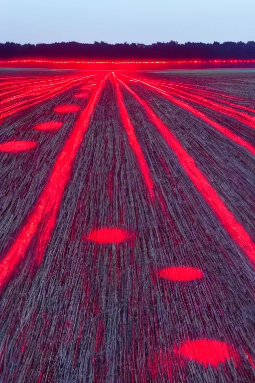 Prompt: Three giant glowing red beacons made out of light in the center of a corn field blasting off into space, 8K UHD