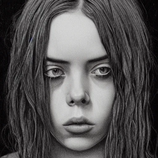 Prompt: grunge drawing of billie eilish by - Zdzisław Beksiński , pop art style, horror themed, detailed, elegant, intricate