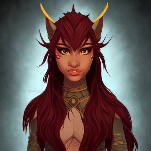 Prompt: dnd character illustration of a dark - skinned half - elf with messy red hair and golden eyes