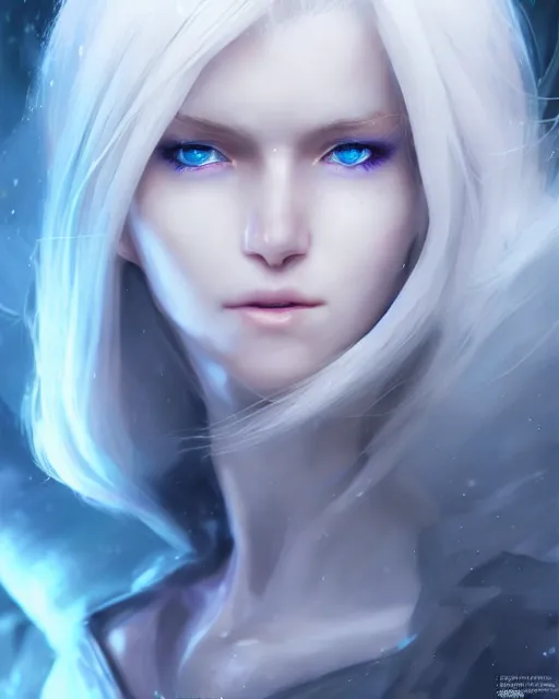 Image similar to perfect white haired girl, ethereal armor, beautiful, pretty face, blue eyes, detailed, windy weather, scifi, platform, laboratory, experiment, 4 k, ultra realistic, epic lighting, high detail, masterpiece, by akihito tsukushi, charlie bowater, ross tran