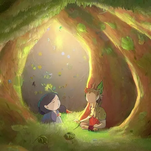 Image similar to a faerie and firefly couple living inside a hollow in a tree, masterpiece soft focus painting by kerascoet by marie pommepuy and sebastien cosset by studio ghibli, dynamic lighting