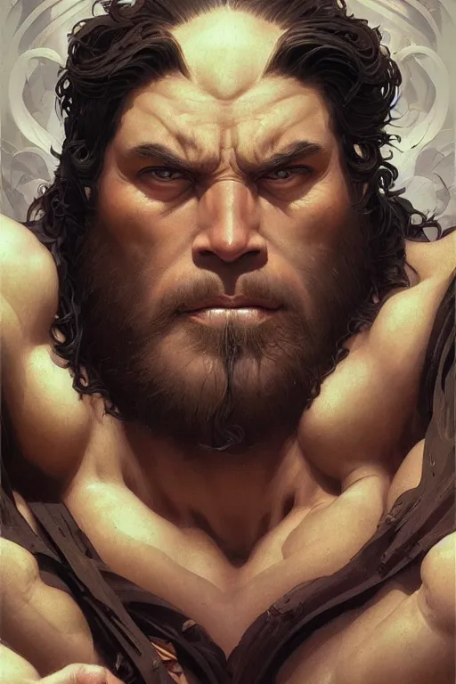 Image similar to hulking herculean ogre jesus christ, masterpiece, intricate, elegant, highly detailed, digital painting, artstation, concept art, smooth, sharp focus, illustration, art by artgerm and greg rutkowski and alphonse mucha and uang guangjian and gil elvgren and sachin teng, symmetry!!