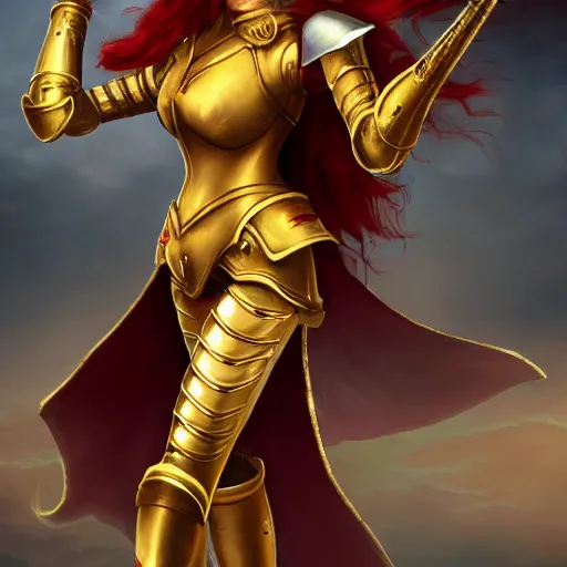 Image similar to a tall, red - haired female knight wearing golden armor and a right golden prosthetic arm, longer than her left arm. she wields a long golden blade