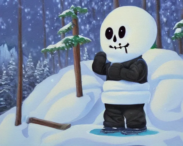 Prompt: oil painting of sans sitting in a mountain during winter