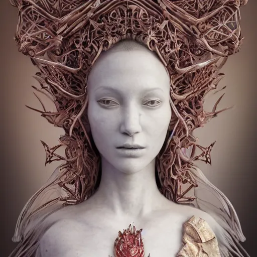 Image similar to abstract highly detailed female sculpture drawing made of white marble and red crystals quartz and minerals, ethereal lights, fine details, artstation, digital paint, fantasy, cinematic photoshooting, illustration, 8 k, intricate golden filigree, octane render, hypperrealistic painting, abstract liquid, concept art, painting by james gilleard and minna sundberg