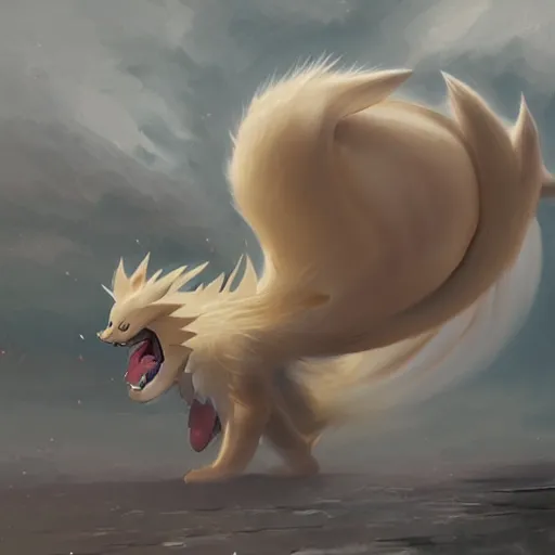 Prompt: Pokémon NineTails, Greg rutkowski, Trending artstation, cinematográfica, digital Art