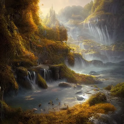 Prompt: michal karcz cartoon painting of a beautiful landscape. , detailed, elegant, intricate, 4k,