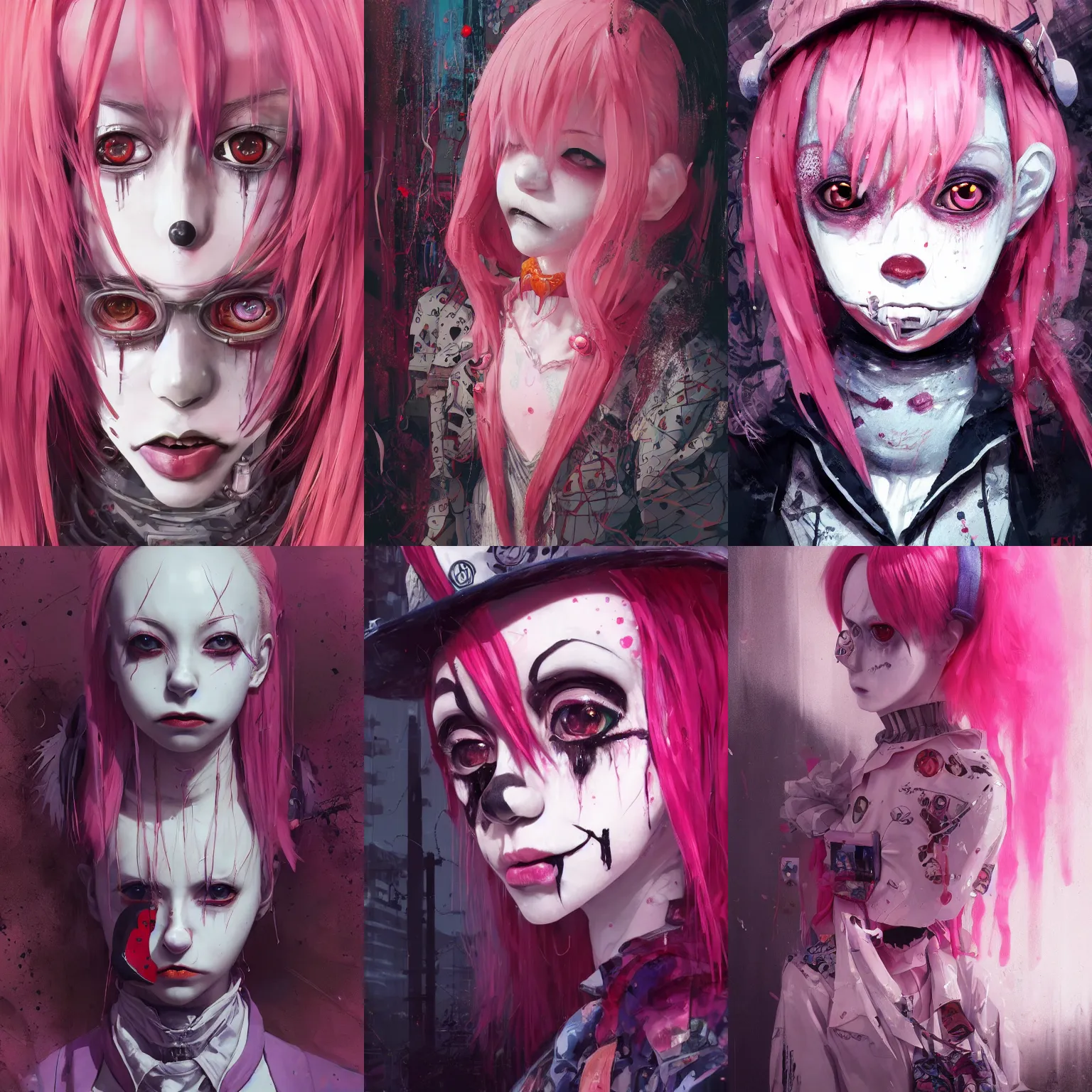 Image similar to by kyoto animation, very creepy clown girl pink hair, tears from the eyes, wearing cyberpunk intricate streetwear, beautiful, detailed portrait, intricate complexity, ilya kuvshinov, cell shaded, 4 k, concept art, by wlop, ilya kuvshinov, greg rutkowski, sharp focus, volumetric lighting, cinematic lighting