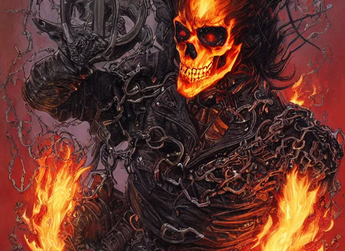 Image similar to a highly detailed beautiful portrait of ghost rider, flaming skull, ( marvel ) penance stare, james gurney, james jean