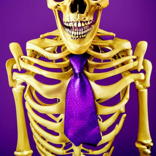 Image similar to a detailed professional portrait of a fancy skeleton with expressive features and metallic teeth, metal teeth, professional photography, longshot, full portrait, skeleton in a suit, purple glowing eyes