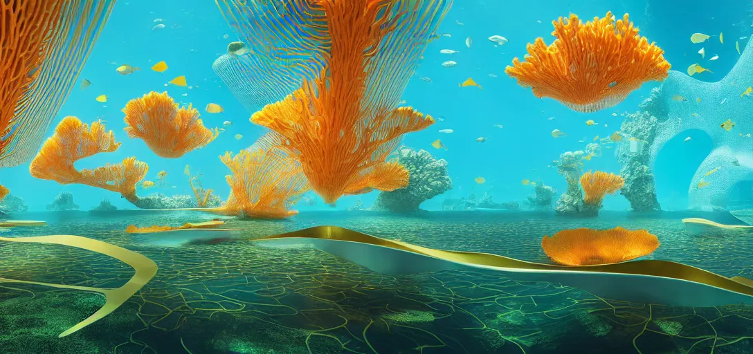 Image similar to solarpunk underwater coral shaped buildings by frank gehry and wlop, dystopian golden buildings by santiago calatrava and zaha hadid, underwater seascape, kelp forest flynn reef, light rays, sharp focus, big bubble waterfalls, colorful coral algaes forest, subsurface scattering, rule of thirds, redshift render