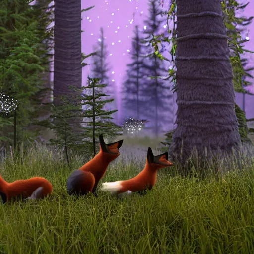 Prompt: second life in game screenshot of black foxes cuddling next to each other in a beautiful fantasy forest lit with fireflies, 3 d render, octane engine, unreal engine 4, 4 k screenshot