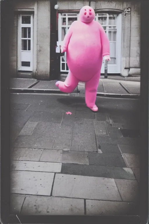 Prompt: “a polaroid of Mr. Blobby walking through the centre of London, high quality”