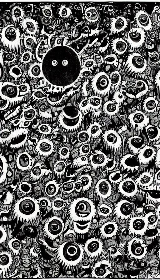 Image similar to a storm vortex made of many demonic eyes and teeth, by raymond briggs