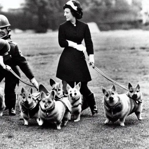 Prompt: historical photo of queen elizabeth and her corgis defeating the nazis, natural sunlight, sharp focus, highly detailed