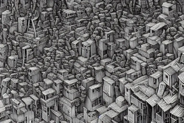 Prompt: highly detailed favela hive of fire, award winning art, epic dreamlike fantasy landscape, art print, mc escher, ultra realistic,