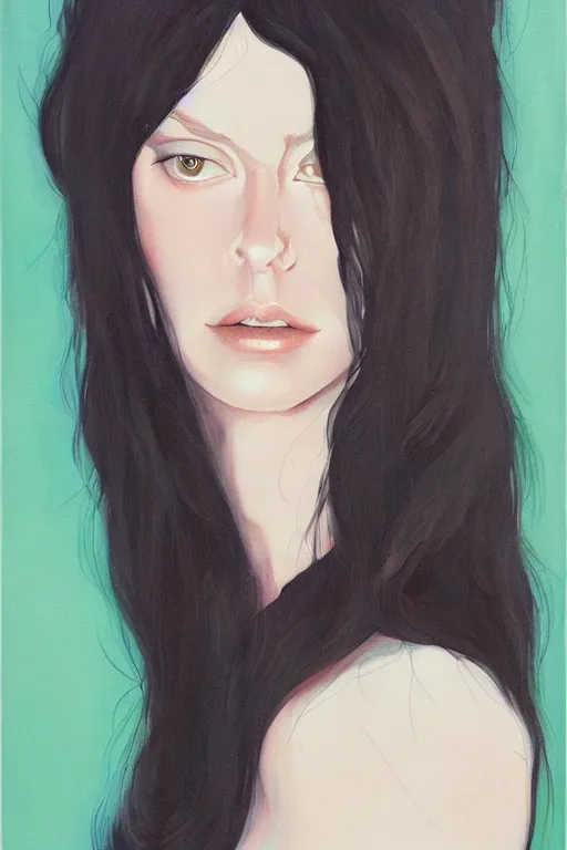 Image similar to portrait of a young beautiful woman with dark hair and dark eyes artwork by Martine Johanna, Jack Gaughan, oil painted, artstation