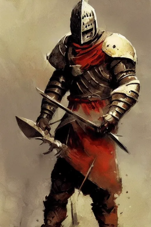 Image similar to a knight holding an axe, leaning against axe concept art in style of Greg Rutkowski, painted by Frank Frazetta, John Singer Sargant